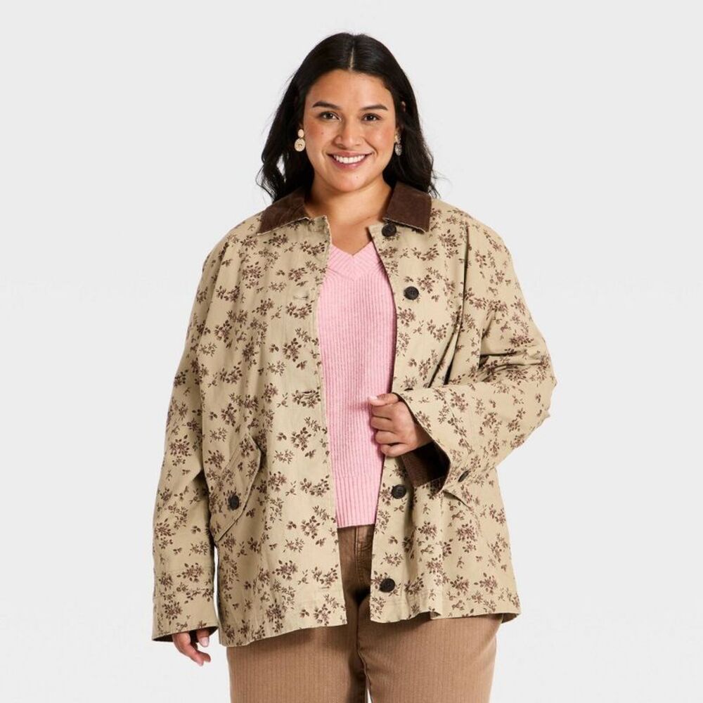 Women's Plus Floral Barn Jacket - Ava & Viv Tan 3X